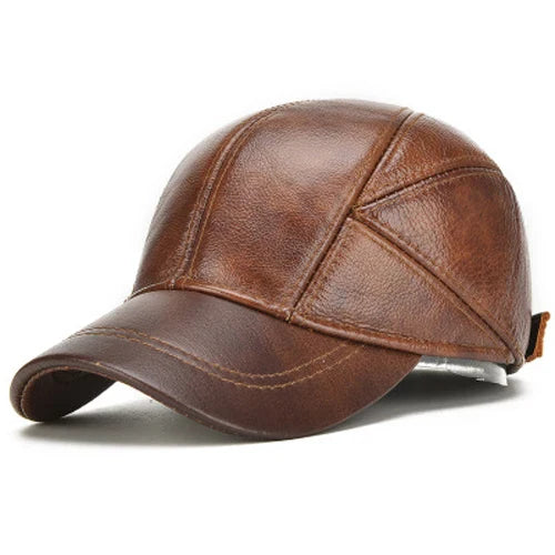 Brand Men Casual Real Leather Earflap Cap Men Real Cowhide Leather Caps Male Fall Winter Genuine Real Cow Leather Baseball Hats