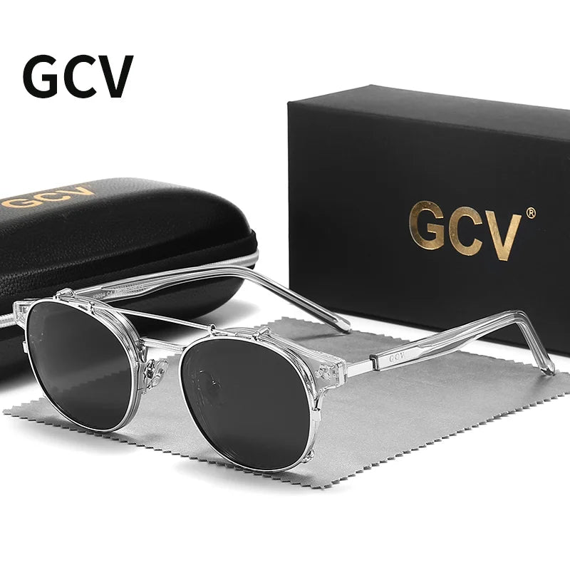 GCV Double Layer Removable Lens Sunglasses The Blu-Ray Glasses Acetate Gothic Retro Steampunk Polarized Men Women Sunglesses