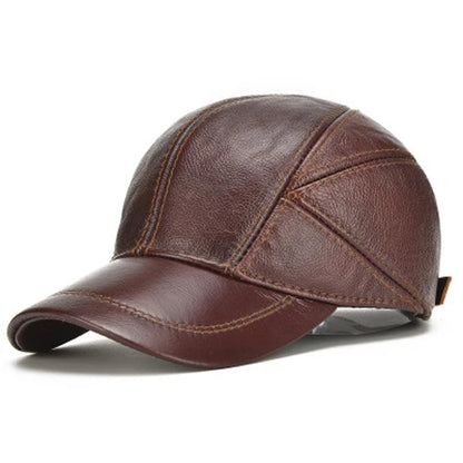 Brand Men Casual Real Leather Earflap Cap Men Real Cowhide Leather Caps Male Fall Winter Genuine Real Cow Leather Baseball Hats