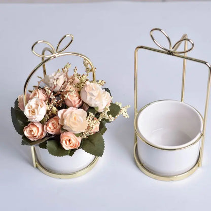 Modern Ceramic Flower Vase with Golden Metal Frame Porcelain Vase Home Decor Wedding Decoration Gifts