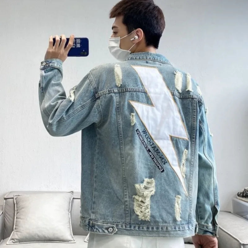 With Print Men's Denim Jacket Embroidery Hole Light Ripped Male Jean Coats Japanese Retro Cowgirl Washed Trendy New in Joker Y2k