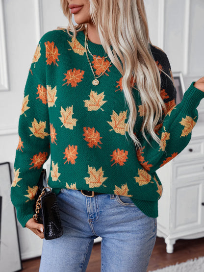 Autumn and Winter New Maple Leaf Pattern Pullover Knitted Women's Commuter Round Neck Sweater Top