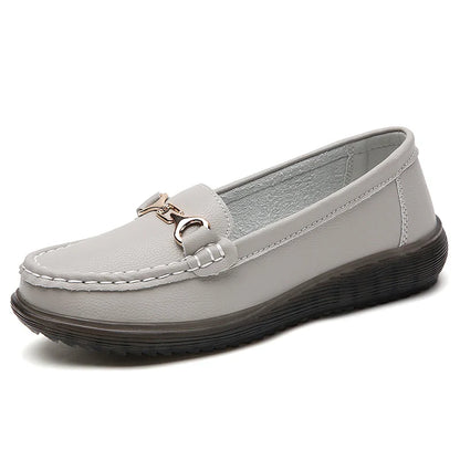 New all-match single shoes real leather foot loafers metal buckle shallow mouth Korean version of mother casual women's shoes