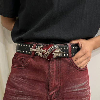 Unisex Jeans Belt sword red heart Goth Y2k Fashion Belts For Women High Quality Luxury Brand Rivet Punk Accessory Men Waistband