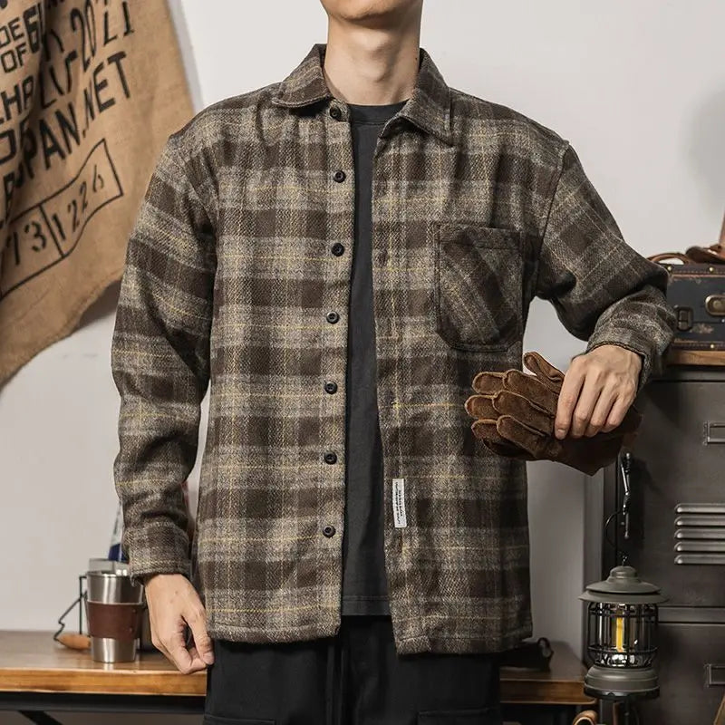 Heavy American Retro Men Shirt Plaid Jackets Autumn Winter Streetwear Fashion New Sanding Thicken Loose Casual Long Sleeve Coats