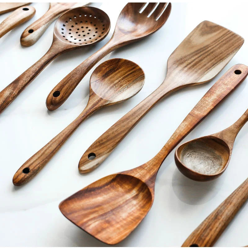 Thailand Teak Natural Wood Tableware Spoon Ladle Turner Long Rice Colander Soup Skimmer Cooking Spoons Scoop Kitchen Cook Tools