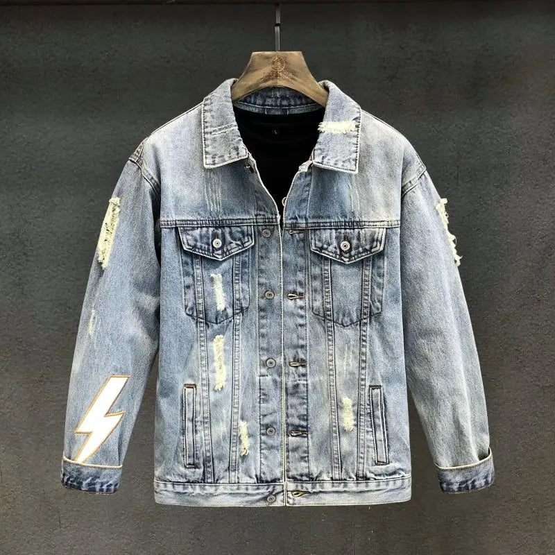 With Print Men's Denim Jacket Embroidery Hole Light Ripped Male Jean Coats Japanese Retro Cowgirl Washed Trendy New in Joker Y2k