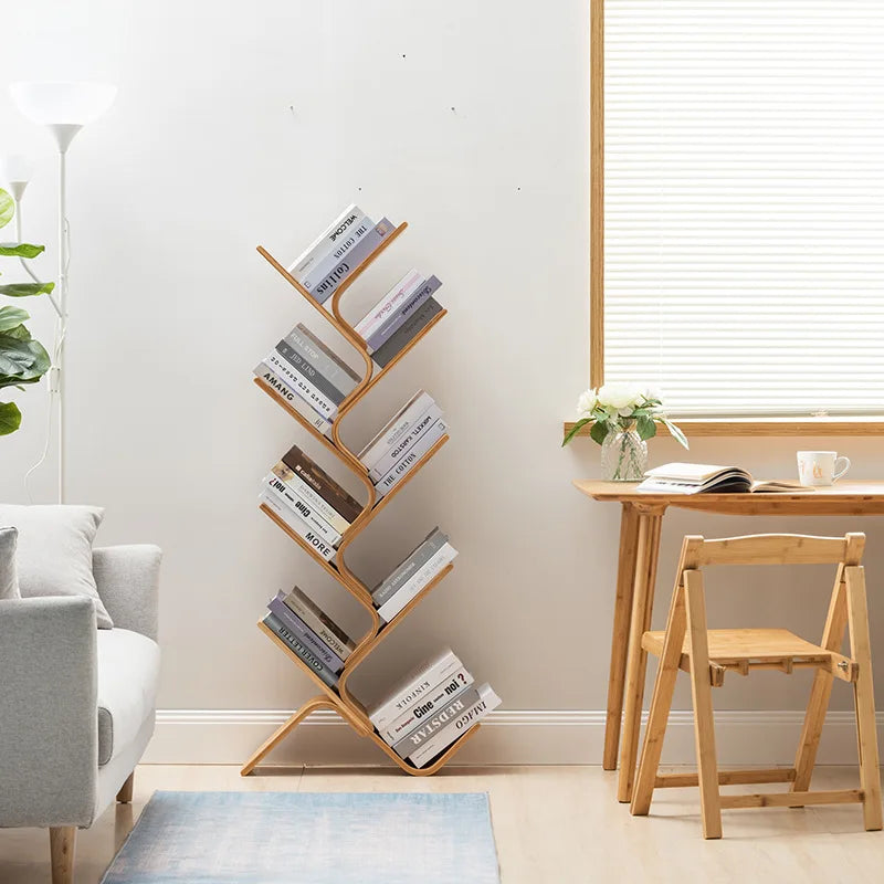 Tree Bookshelf, 8-Tier Space-Saving Corner Bookcase, Holds Books, CDs, Games, for Bedroom, Living Room, Rustic Brown