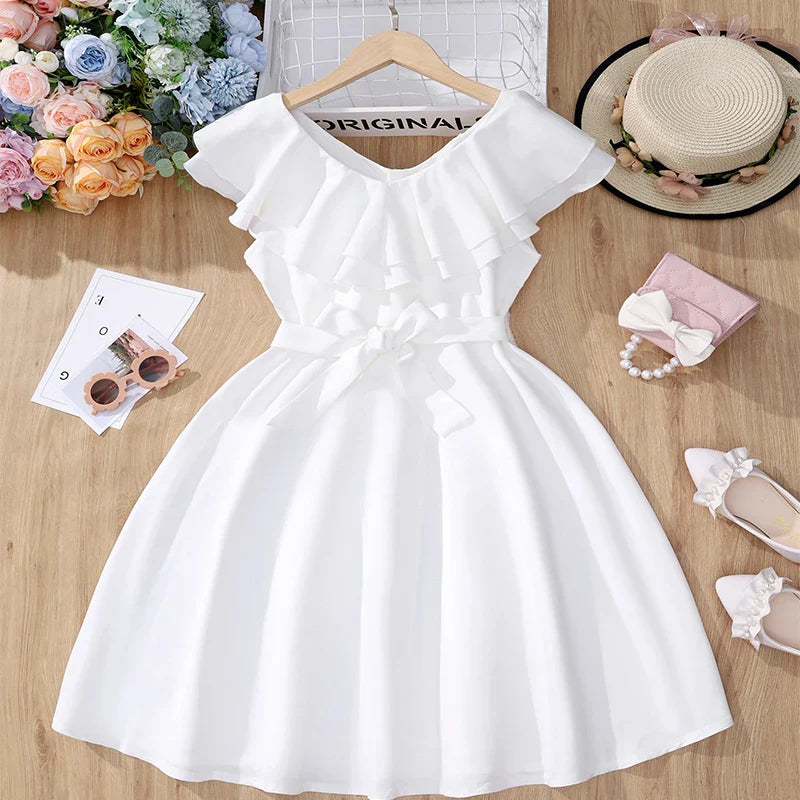 Summer Cute Girl Sleeveless Princess Dress For Children's Casual Birthday Party Girl Adjustable Belt Solid Color Fluffy Dress