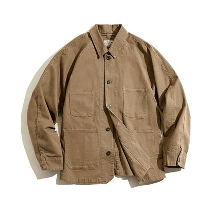 Maden Vintage Khaki Jackets for Men Loose Cotton Solid Chore Coat Amekaji Cargo Casual Jacket Man Clothing