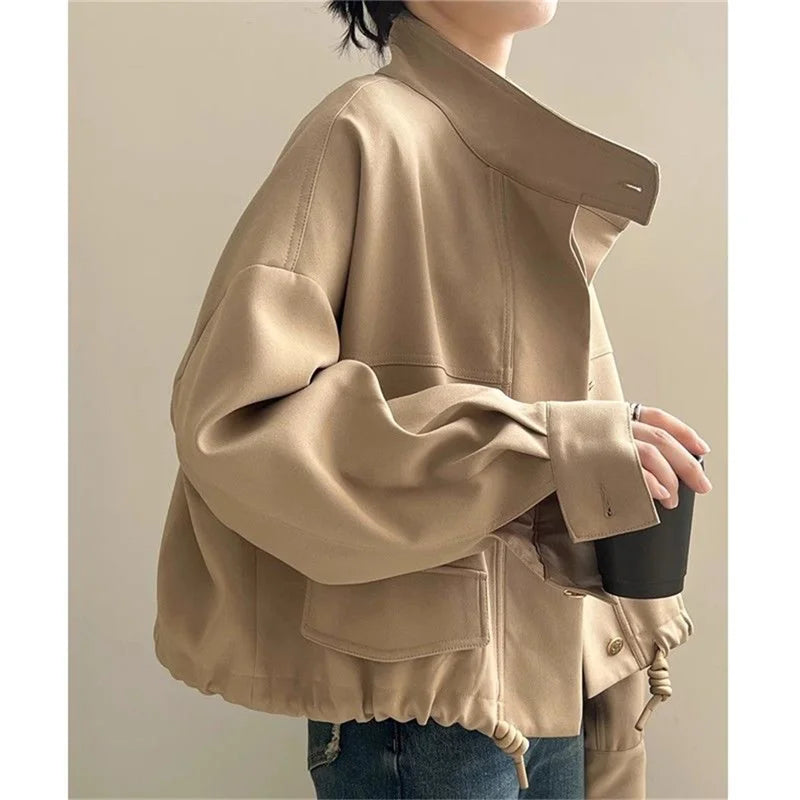 Women Spring Autumn 2024 New Popular high-end Jacket Casual Windbreaker Standing Collar Short Jacket Hem Drawstring Trench Coat