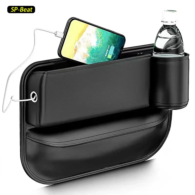 Leather car seat storage box, universal multifunctional console, side storage box with cup holder, car interior storage bag