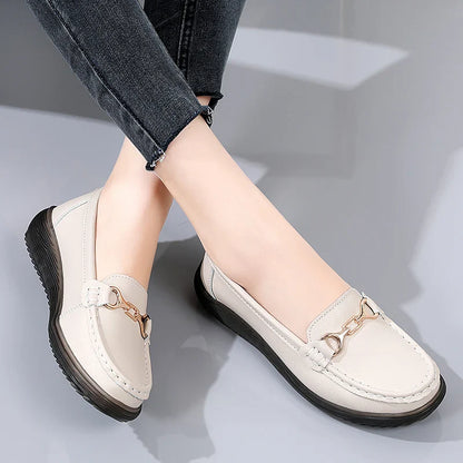 New all-match single shoes real leather foot loafers metal buckle shallow mouth Korean version of mother casual women's shoes