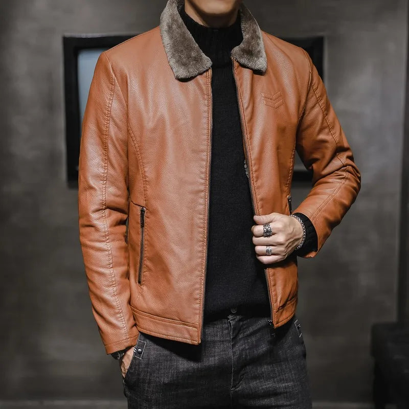 New Men's Leather Jacket Autumn and Winter Lapel Collar Middle-aged and Elderly Men's Clothing with Thick Velvet and Trend