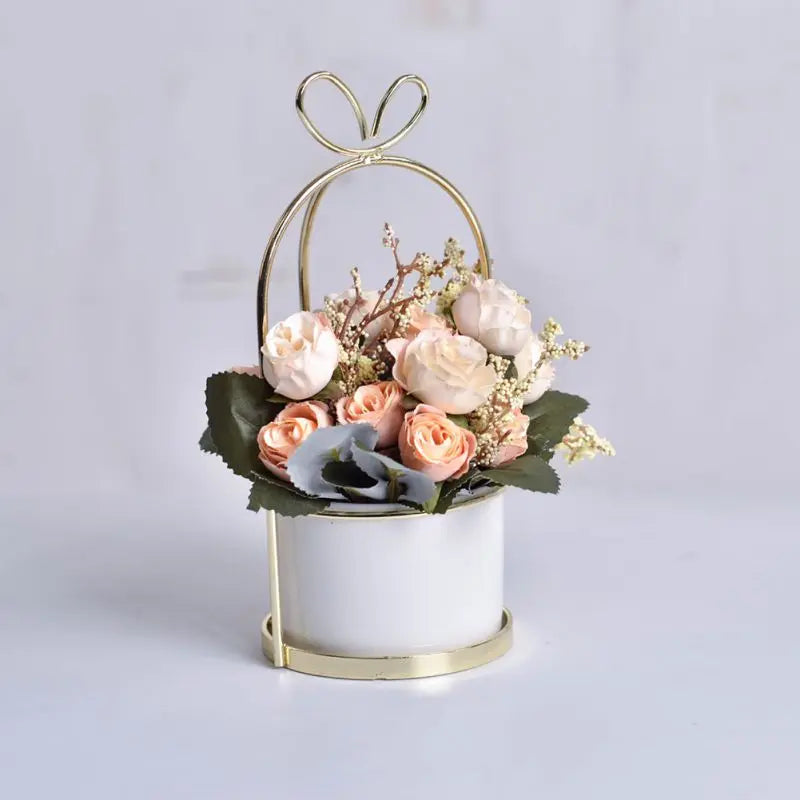 Modern Ceramic Flower Vase with Golden Metal Frame Porcelain Vase Home Decor Wedding Decoration Gifts