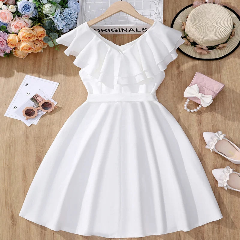 Summer Cute Girl Sleeveless Princess Dress For Children's Casual Birthday Party Girl Adjustable Belt Solid Color Fluffy Dress