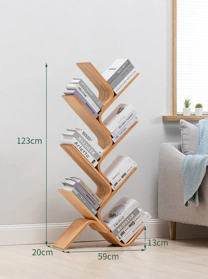 Tree Bookshelf, 8-Tier Space-Saving Corner Bookcase, Holds Books, CDs, Games, for Bedroom, Living Room, Rustic Brown