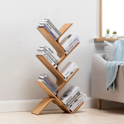 Tree Bookshelf, 8-Tier Space-Saving Corner Bookcase, Holds Books, CDs, Games, for Bedroom, Living Room, Rustic Brown