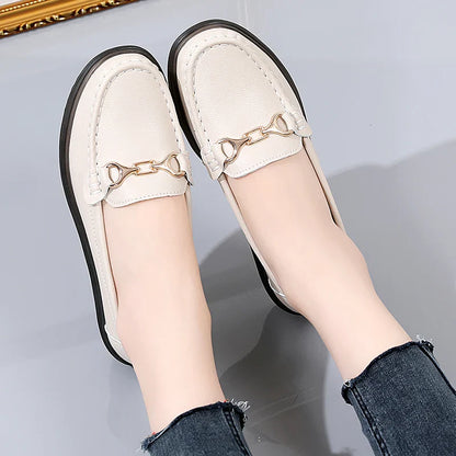 New all-match single shoes real leather foot loafers metal buckle shallow mouth Korean version of mother casual women's shoes