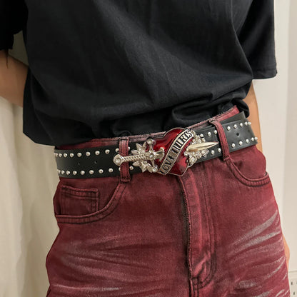 Unisex Jeans Belt sword red heart Goth Y2k Fashion Belts For Women High Quality Luxury Brand Rivet Punk Accessory Men Waistband