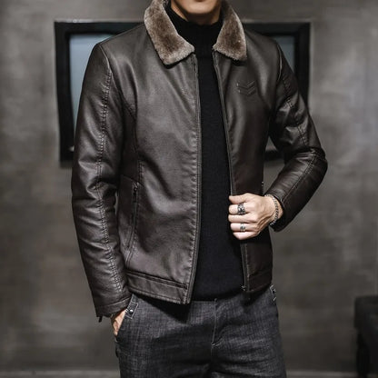 New Men's Leather Jacket Autumn and Winter Lapel Collar Middle-aged and Elderly Men's Clothing with Thick Velvet and Trend