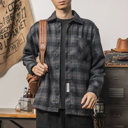 Heavy American Retro Men Shirt Plaid Jackets Autumn Winter Streetwear Fashion New Sanding Thicken Loose Casual Long Sleeve Coats