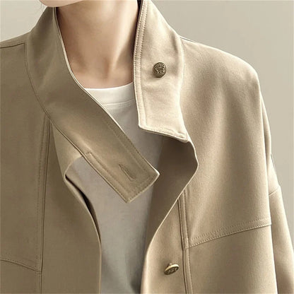 Women Spring Autumn 2024 New Popular high-end Jacket Casual Windbreaker Standing Collar Short Jacket Hem Drawstring Trench Coat