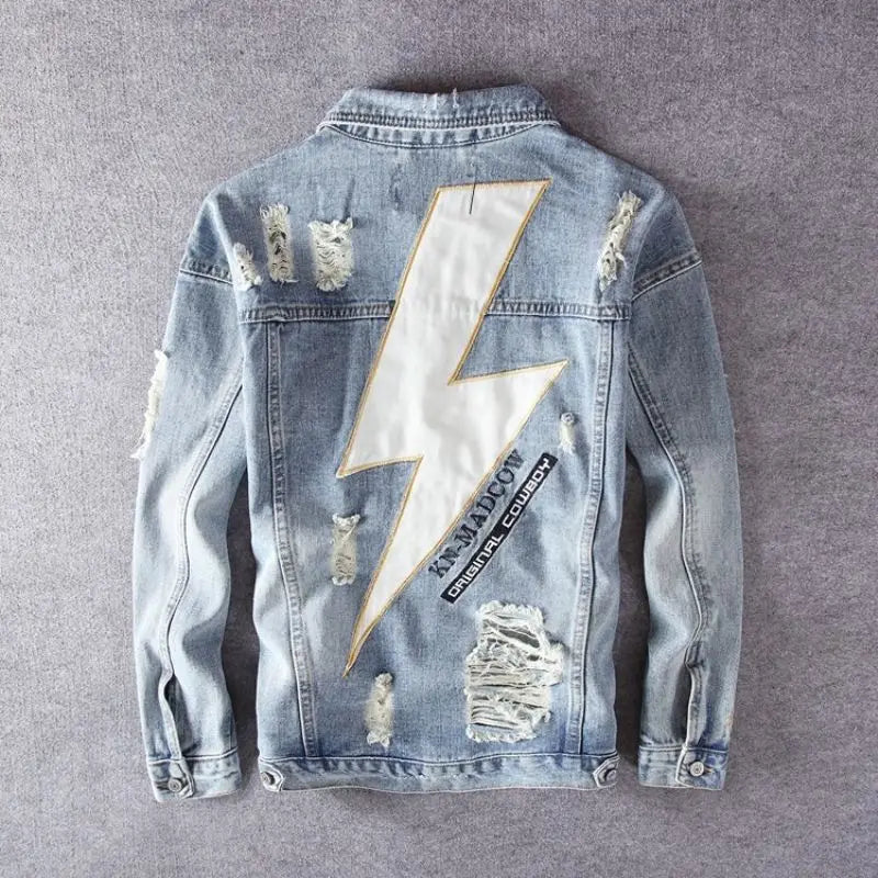 With Print Men's Denim Jacket Embroidery Hole Light Ripped Male Jean Coats Japanese Retro Cowgirl Washed Trendy New in Joker Y2k