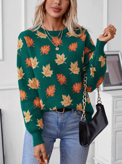 Autumn and Winter New Maple Leaf Pattern Pullover Knitted Women's Commuter Round Neck Sweater Top