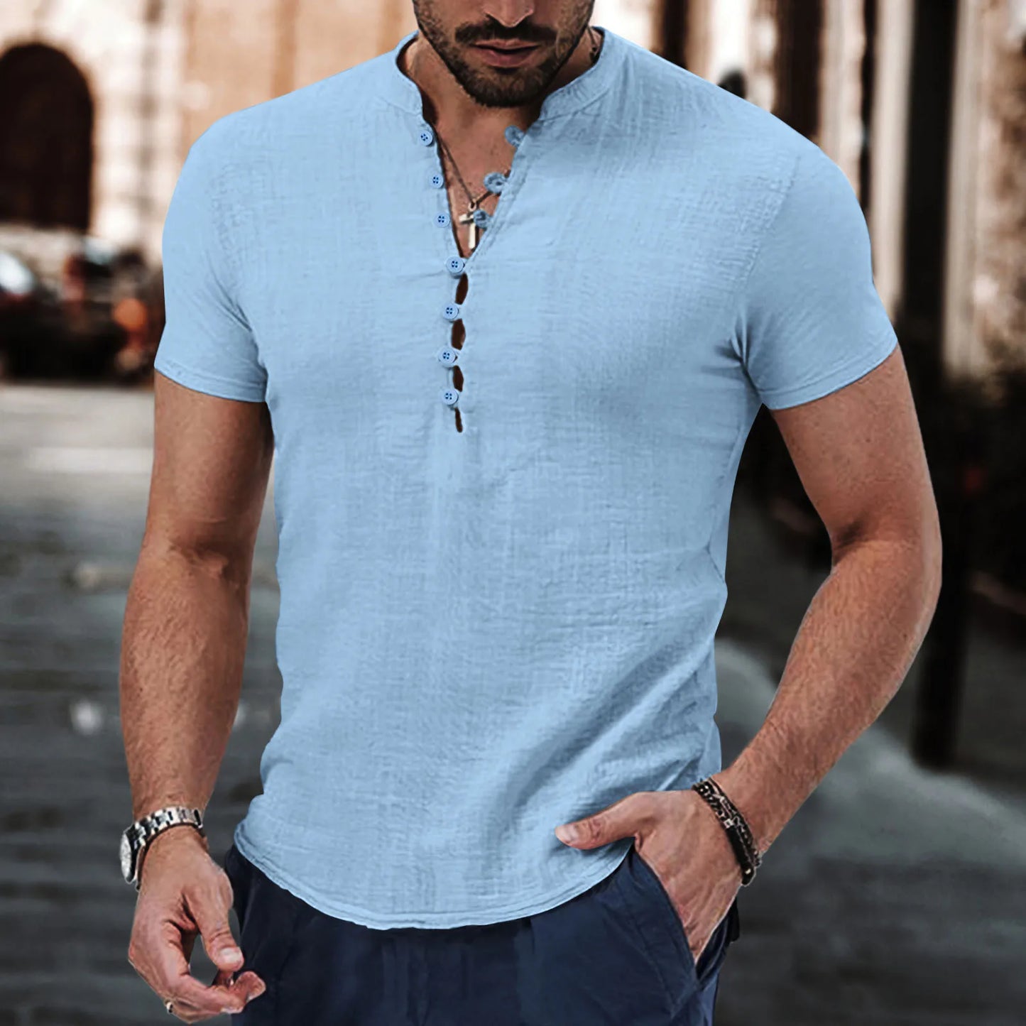 Summer New Men's Short-Sleeved T-shirt Cotton and Linen Led Casual Men's T-shirt Shirt Male Breathable S-3XL