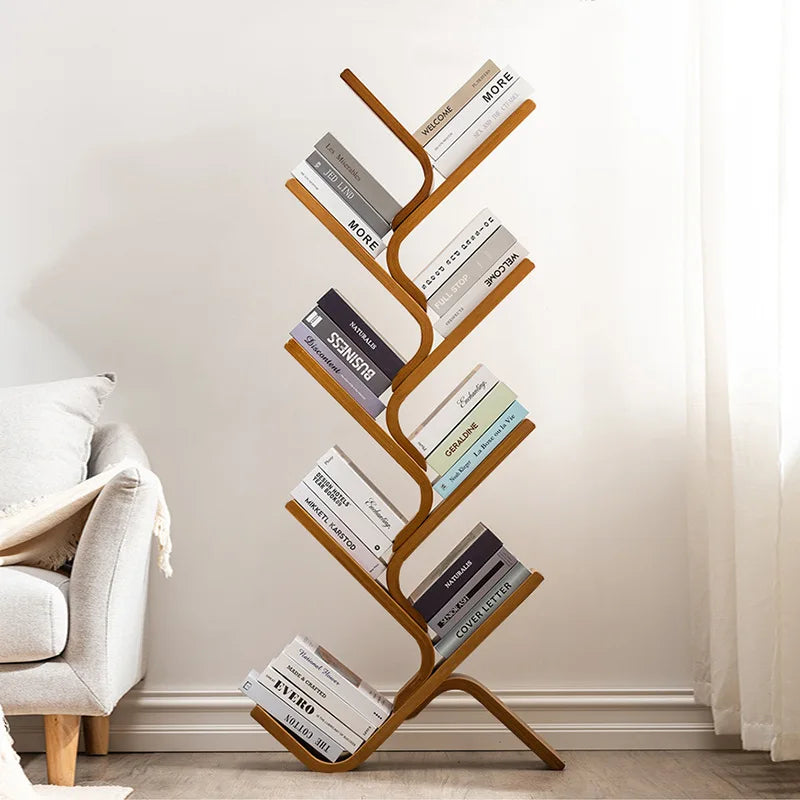 Tree Bookshelf, 8-Tier Space-Saving Corner Bookcase, Holds Books, CDs, Games, for Bedroom, Living Room, Rustic Brown