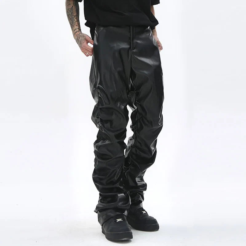 Hip Hop Mens Pleated Pu Leather Pants Harajuku Retro Streetwear Loose Ruched Casual Trousers Straight Solid Color Black Pants