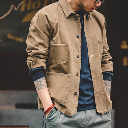 Maden Vintage Khaki Jackets for Men Loose Cotton Solid Chore Coat Amekaji Cargo Casual Jacket Man Clothing