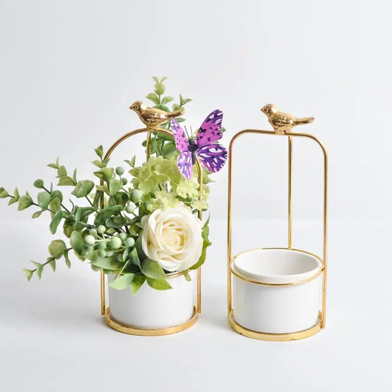 Modern Ceramic Flower Vase with Golden Metal Frame Porcelain Vase Home Decor Wedding Decoration Gifts