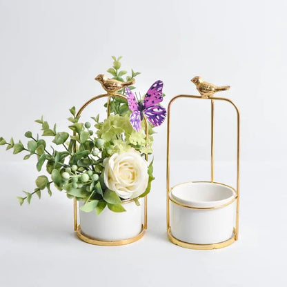 Modern Ceramic Flower Vase with Golden Metal Frame Porcelain Vase Home Decor Wedding Decoration Gifts