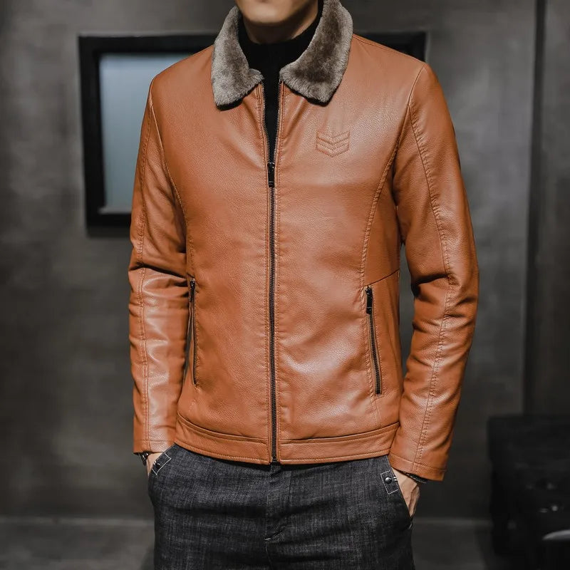 New Men's Leather Jacket Autumn and Winter Lapel Collar Middle-aged and Elderly Men's Clothing with Thick Velvet and Trend