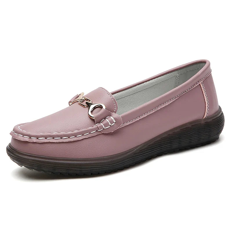 New all-match single shoes real leather foot loafers metal buckle shallow mouth Korean version of mother casual women's shoes