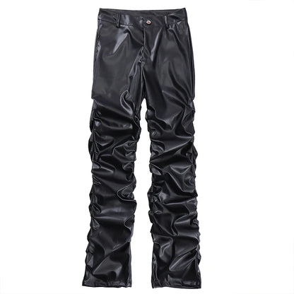 Hip Hop Mens Pleated Pu Leather Pants Harajuku Retro Streetwear Loose Ruched Casual Trousers Straight Solid Color Black Pants