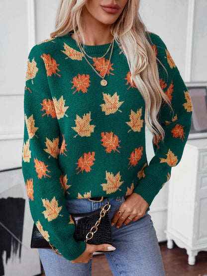 Autumn and Winter New Maple Leaf Pattern Pullover Knitted Women's Commuter Round Neck Sweater Top