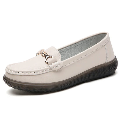 New all-match single shoes real leather foot loafers metal buckle shallow mouth Korean version of mother casual women's shoes