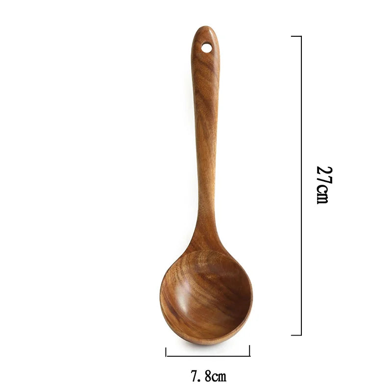 Thailand Teak Natural Wood Tableware Spoon Ladle Turner Long Rice Colander Soup Skimmer Cooking Spoons Scoop Kitchen Cook Tools