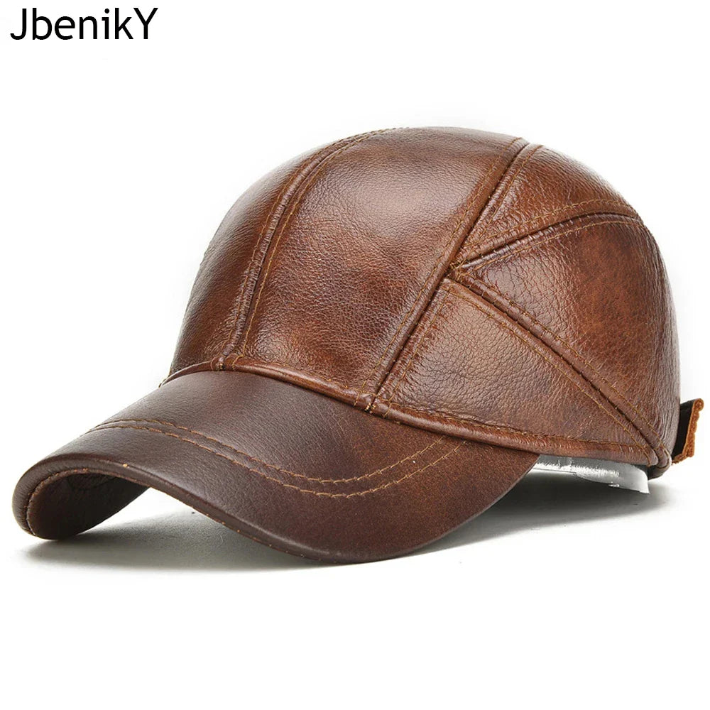 Brand Men Casual Real Leather Earflap Cap Men Real Cowhide Leather Caps Male Fall Winter Genuine Real Cow Leather Baseball Hats