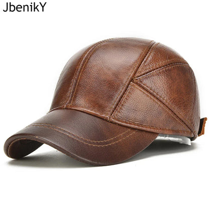 Brand Men Casual Real Leather Earflap Cap Men Real Cowhide Leather Caps Male Fall Winter Genuine Real Cow Leather Baseball Hats