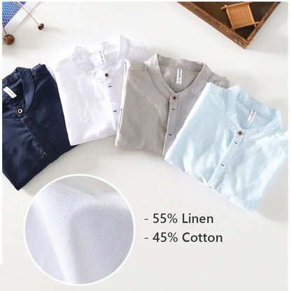 Men's Cotton Linen Henley Shirt Japanese Style Plain Tops Long Sleeve Hippie Casual Beach T Shirts