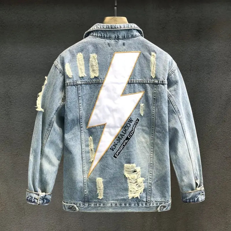 With Print Men's Denim Jacket Embroidery Hole Light Ripped Male Jean Coats Japanese Retro Cowgirl Washed Trendy New in Joker Y2k